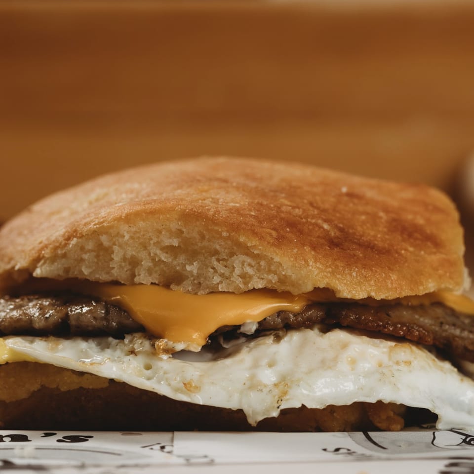 Close-up of Lou Ann's breakfast sandwich with egg, sausage, and cheese on a biscuit.